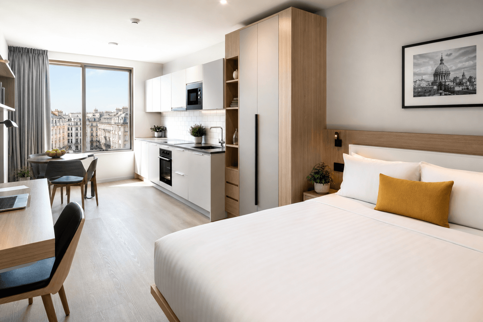 Bright, smart city studio apartment with fitted kitchen — illustrative brand rendering in the D3x design system