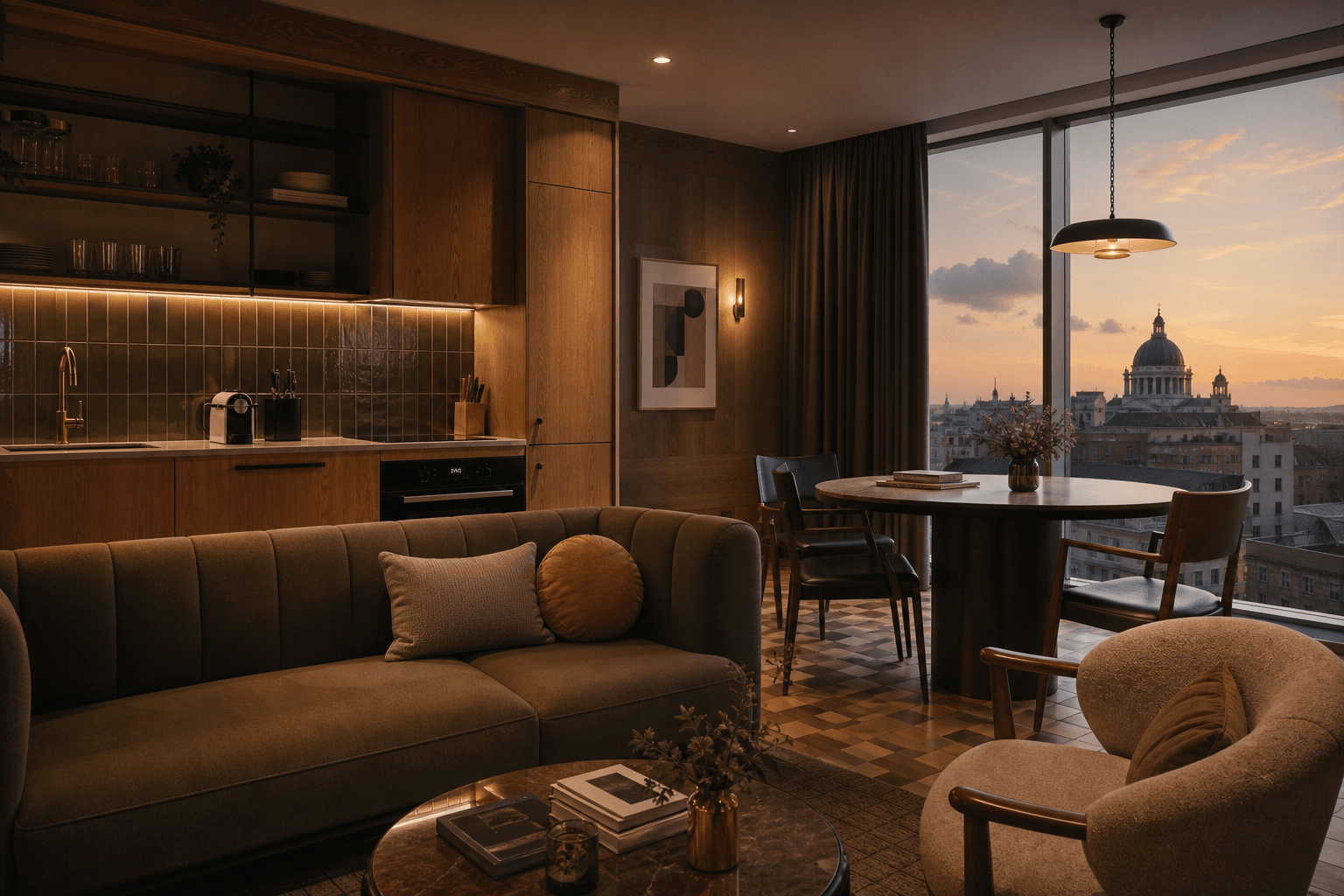 Design-led aparthotel living space with a city skyline at dusk — illustrative brand rendering in the D3x design system