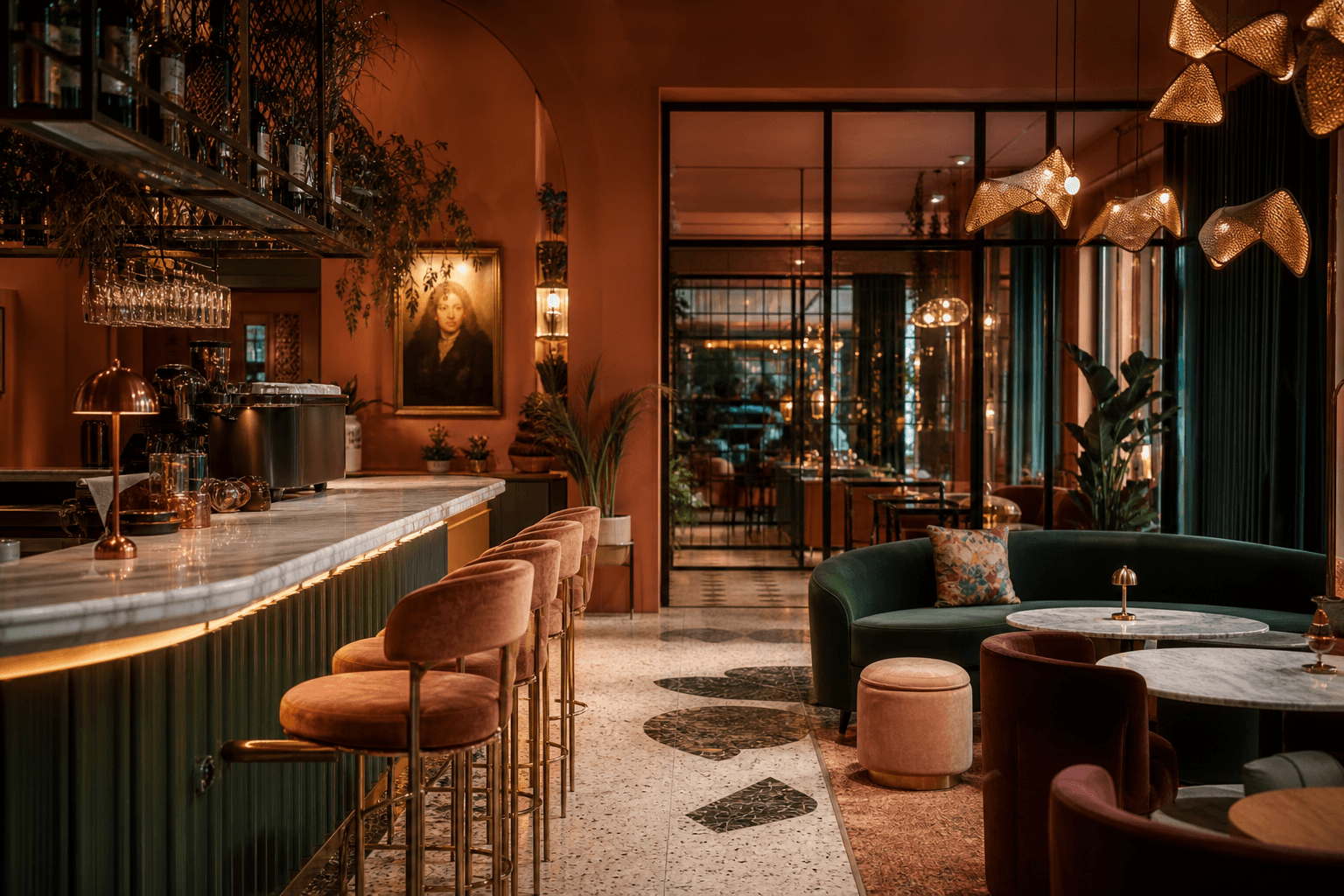 Premium design-led café-bar and lounge — illustrative brand rendering in the D3x design system