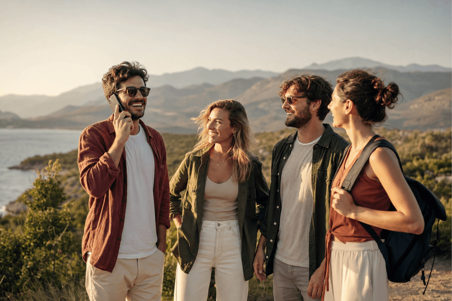 Four friends outdoors in nature, one calling the hotel to book dinner