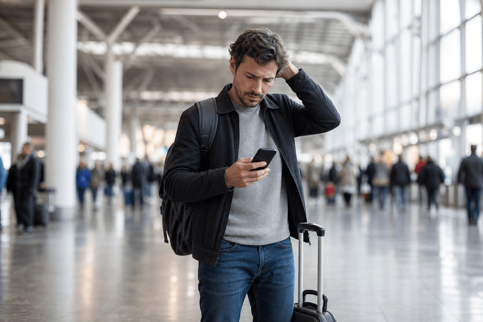 Traveler with a suitcase in a station concourse checking their phone