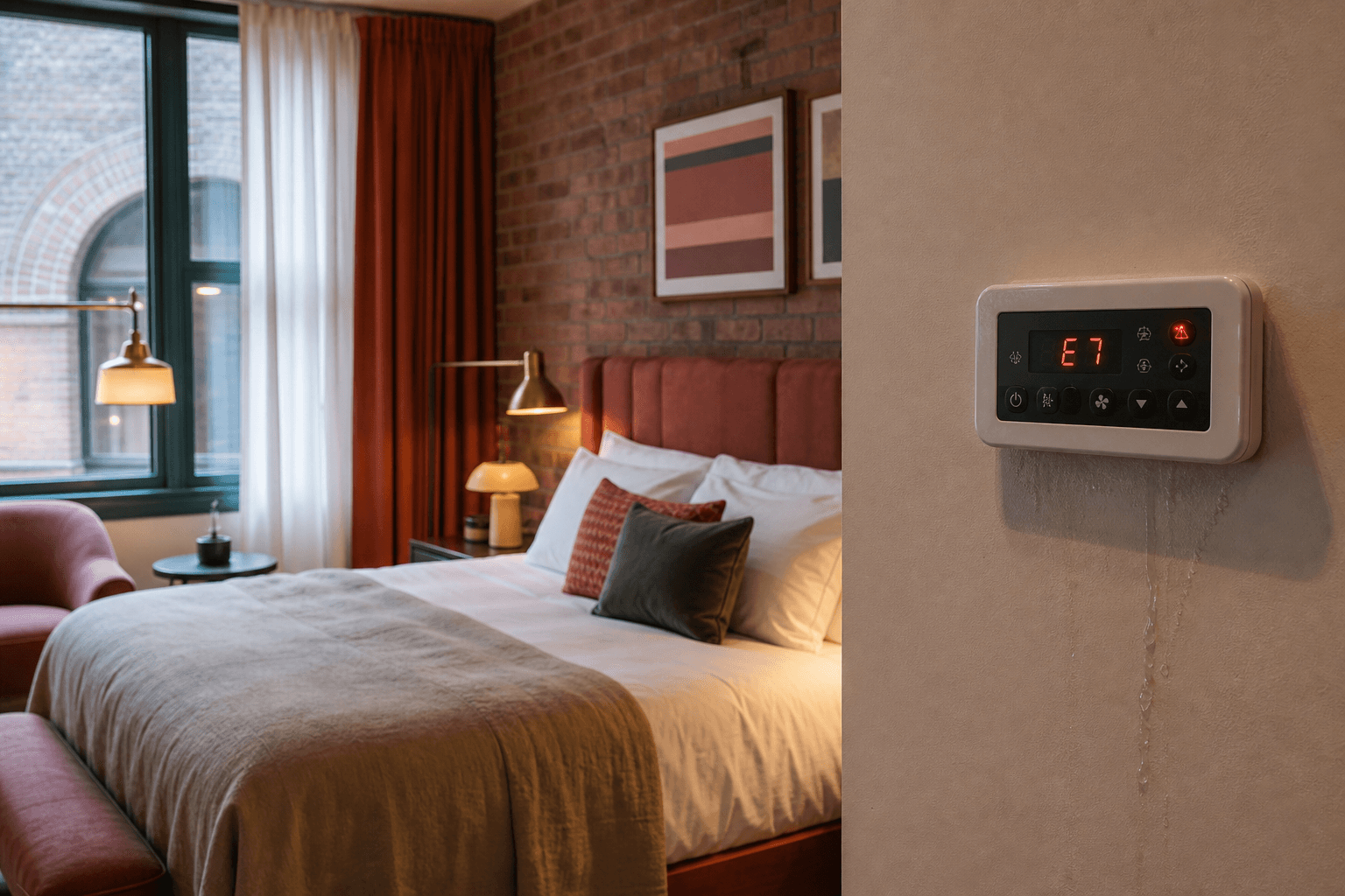 Hotel guest photo showing an air conditioning control panel with an error indicator in a boutique hotel bedroom