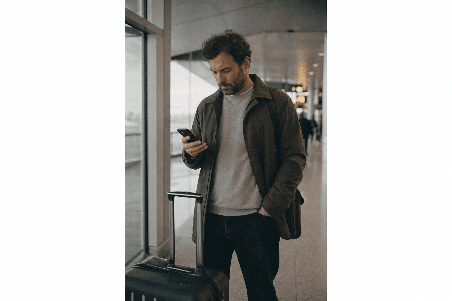 Traveler at the airport messaging for directions to the hotel