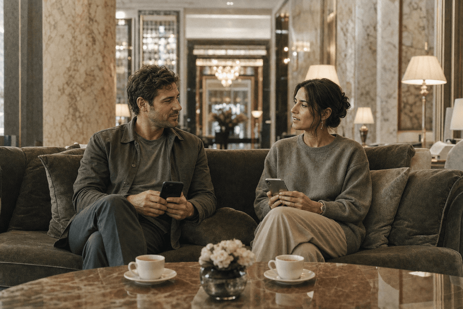 Two guests in a luxury hotel lobby messaging over coffee