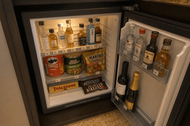 Minibar-Regal mit versiegelten Premium-Snacks und Mini-Flaschen, Preisetiketten sichtbar