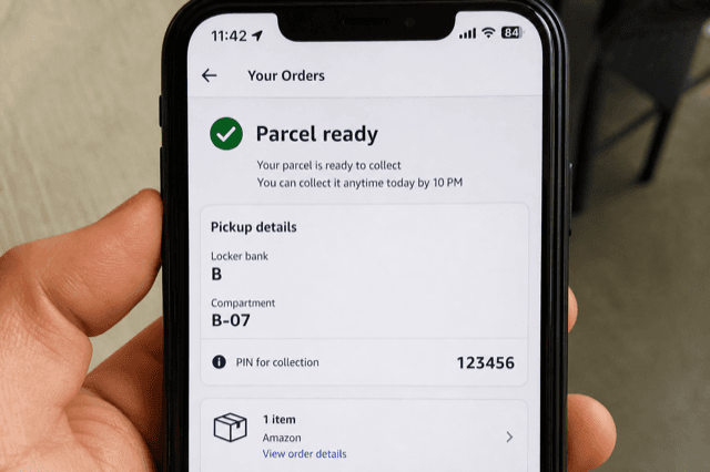 Amazon delivery notification screenshot showing locker bank B, compartment B-07